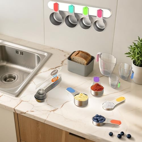 Measuring Cups and Spoons Set, 5 Stainless Steel Measuring Cups, 3 Plastic Measuring Cup, 7 Measuring Spoons, 1 Leveler, 1 Measuring Conversion Chart for Cooking & Baking