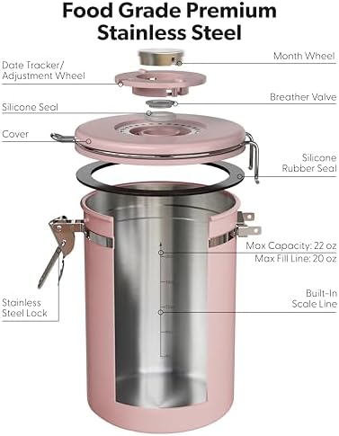 Veken Coffee Canister with Window, Airtight Stainless Steel Container,Date Tracker, Kitchen Food Storage Jars for Beans, Ground, Espresso, Rice,Tea, Sugar, Cereal, Gifts, Scoop, Pink, 22OZ (Pack of 2)