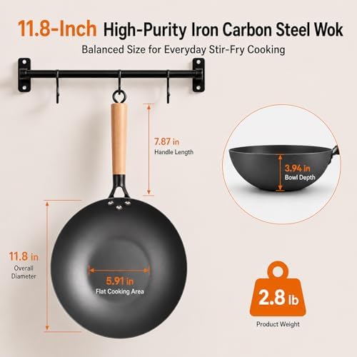 High-Purity Iron Carbon Steel Wok with Lid, 11.8 Inch Flat Bottom Wok Pan, Uncoated Stir Fry Pan with Wood Handle, Compatible with Gas, Electric, Induction and Ceramic Stoves