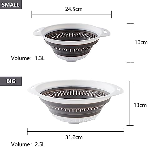 Collapsible Colander and Strainer,Silicone Strainer Colanders & Food Strainers,for Vegetable and Fruit, Kitchen Essentials (2, White, 2.5L+2.5L)