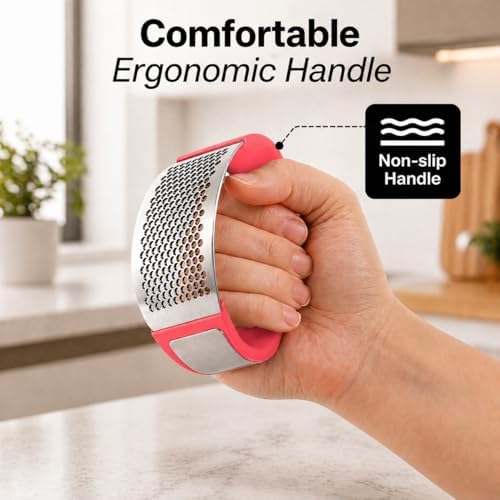 Zulay Kitchen Stainless Steel Garlic Press Rocker Set - Premium Garlic Mincer Garlic Crusher - New Innovative Garlic Crusher with Peeler and Scraper - Comfortable Grip (Red)