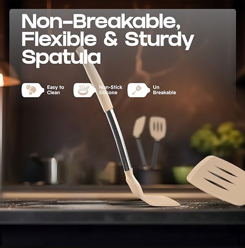 BakeRoyal Silicone Spatula Set - Turner Spatulas Silicone Heat Resistant 600°F - Slotted & Solid Silicone Spatulas for Cooking Fish, Eggs, Pancakes Flipper – Silicone Cooking Utensils Set – Beige