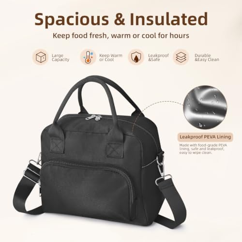 LOVELYWIND Large Insulated Lunch Bag For Women, Black Lunch Box 12L