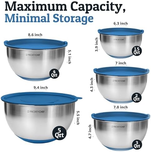 Priority Chef Stainless Steel Mixing Bowls with Lids Set, 3 Grater Attachments, Airtight Lids, Non-Slip Silicone Base Mixing Bowl Set, Large Prep Metal Mixing Bowls for Kitchen, Blue