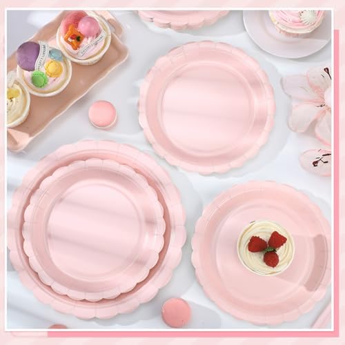 NatNarr 30 Pcs Pink Paper Plates, 7 Inch Scalloped Pink Dessert Cake Plates Cute Small Birthday Appetizer Party Plate for Girls Birthday, Wedding, Bridal Baby Shower (Pack of 3)