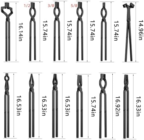Blacksmith Tongs Set, 17 Inch Carbon Steel Forging Tongs, 12-Piece Professional Blacksmithing Tools for Beginners and Expert Craftsmen