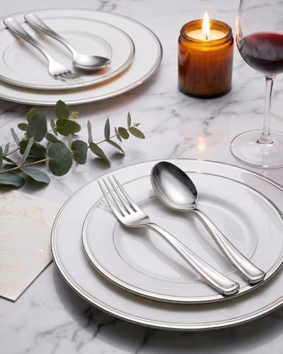 BUCLA 200 Pieces Silver Plastic Silverware - Heavy Duty Disposable Cutlery set - 100 Silver Plastic Forks, 100 Disposable Spoons for Catering, Parties, Dinners, Weddings and Christmas