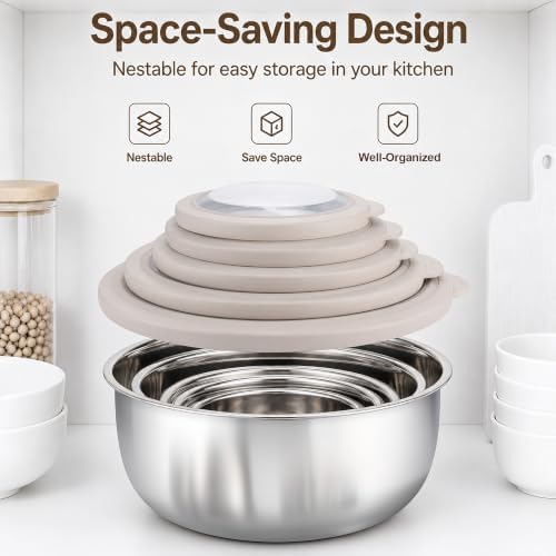 E-far Mixing Bowls with Lids Set of 5, Stainless Steel Nesting Salad Bowls