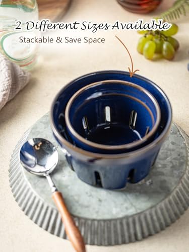 Gomakren Ceramic Berry Basket Set of 2, Fruit Bowl with Holes, Cobalt Blue