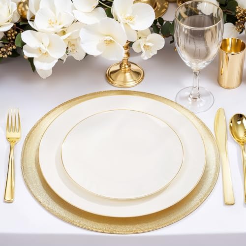Nervure 100Pcs Ivory and Gold Plastic Plates - 10.25inch Disposable Ivory Dinner Plates - Heavy Duty Plastic Plate Ideal for Wedding & Party (Pack of 2)