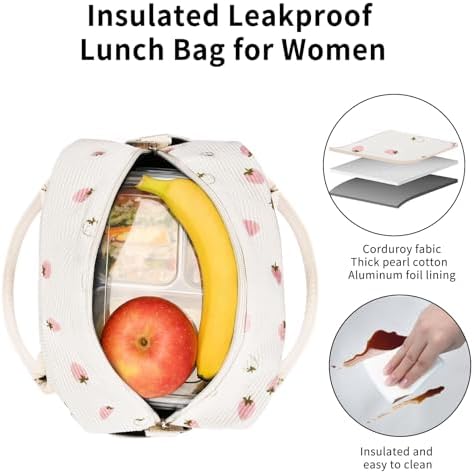 GASSDA Lunch Box for Women Insulated Lunch Bag Women Adult Cute Lunch Bags Reusable Lunchbox Cooler Tote Bag for Work Picnic (Beige-Light Strawberry)