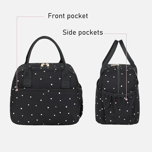 CAMTOP Lunch Box for Women Insulated Lunch Bag Lunchbox Cooler Thermal Leakproof Quilted Reusable Lunch Tote Bag for Work School Travel Picnic (Black White Dots)