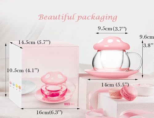 Mushroom Tea Cup Set, Cute Glass Tea Cups and Saucers, Kawaii Teacup with Infuser for Loose Leaf Tea Steeper, Coffee Mugs Birthday Gifts for Women, Tea Infuser Mug with Lid for Mother Girls (Blue)