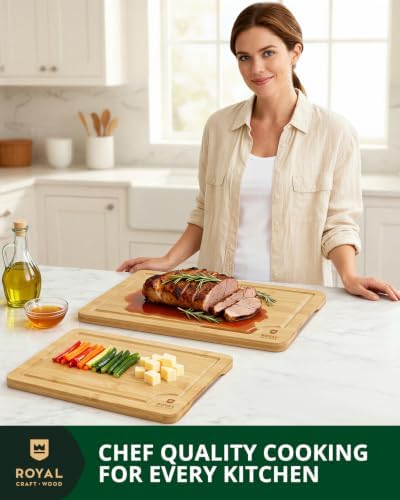 ROYAL CRAFT WOOD Wooden Cutting Boards for Kitchen Meal Prep & Serving - Bamboo Wood Serving Board Set with Deep Juice Groove Side Handles - Charcuterie & Chopping Butcher Block for Meat