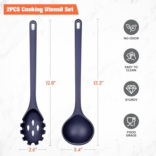 Silicone Spaghetti Spoon & Soup Ladle Cooking Utensils Set of 2 (BLUE)