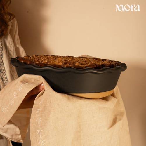 MORA Ceramic Pie Pan for Baking - 9 inch - Deep and Fluted Pie Dish for Old Fashion Apple Pie, Quiche, Pot Pies, Tart, etc - Modern Farmhouse Style Porcelain Ceramic Pie Plate - Liquorice