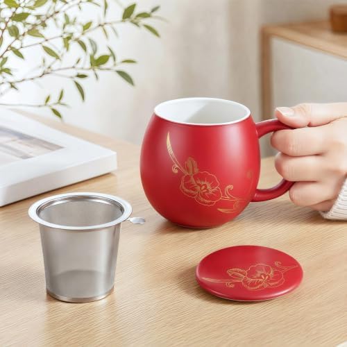 Yundu 12 OZ Ceramic Mug with Lid & Tea Strainer - Matte Red Tea Cup with Golden Flower, Stainless Steel Infuser for Loose Leaf Tea