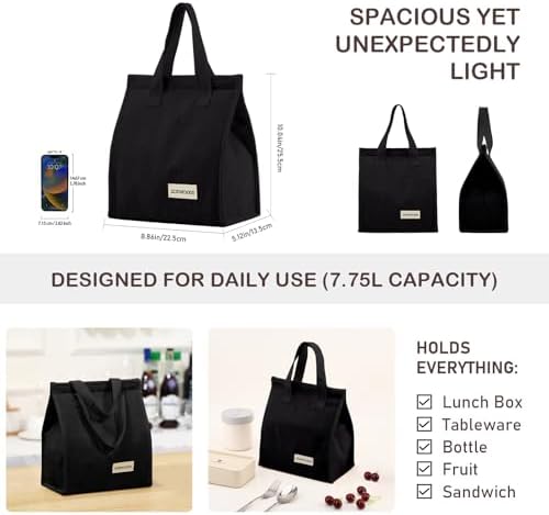 TELLUMO Corduroy Insulated Lunch Bag, 7.75L Large Capacity Reusable Lunch Box, Cute Lunch Tote for Women Men, Leakproof Lunch Cooler for Work Picnic Travel (Corduroy Black)