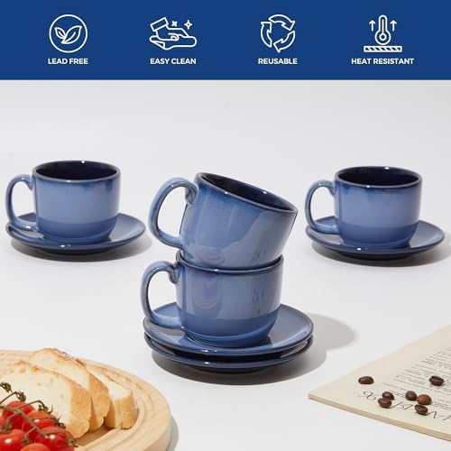Pokini Stoneware Coffee Cups with Saucers, Cappuccino Cups, Mugs Set of 4