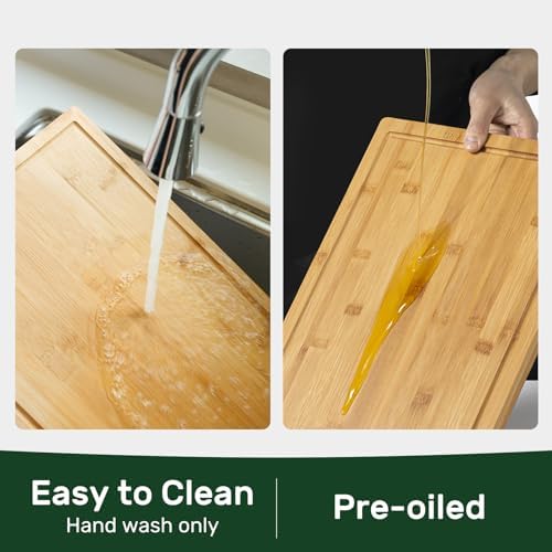 Kikcoin 20”×14” Bamboo Cutting Boards for Kitchen, Wooden Healthy Cutting Boards for Charcuterie, Vegetables, Cheese, Bread, Extra Large Chopping Boards with Deep Juice Groove and Handle, Natural