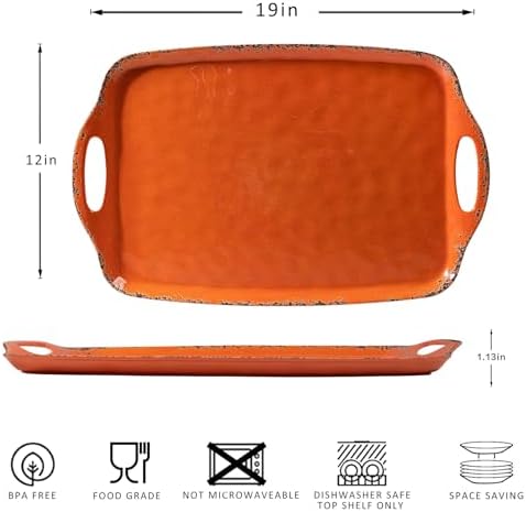 Melamine Serving Tray with Handles, 19“ x 12" Vintage Rustic Large Rectangular Melamine Serving Platter for Serving Food, Breakfast Tray, Set of 2, Dishwasher Safe, Orange
