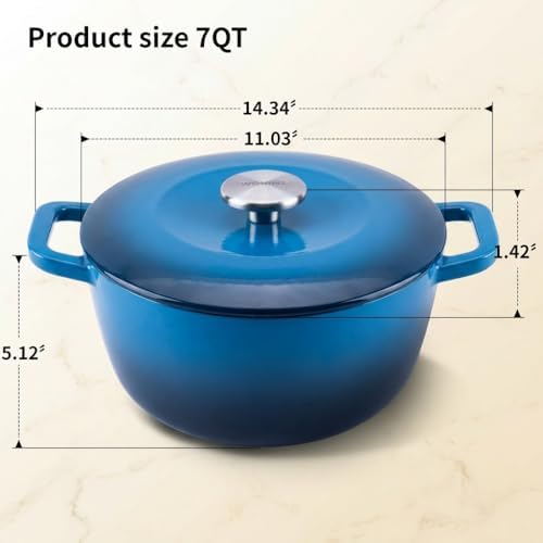 7QT Enameled Cast Iron Dutch Oven,Concave Self-Basting Lid,Blue