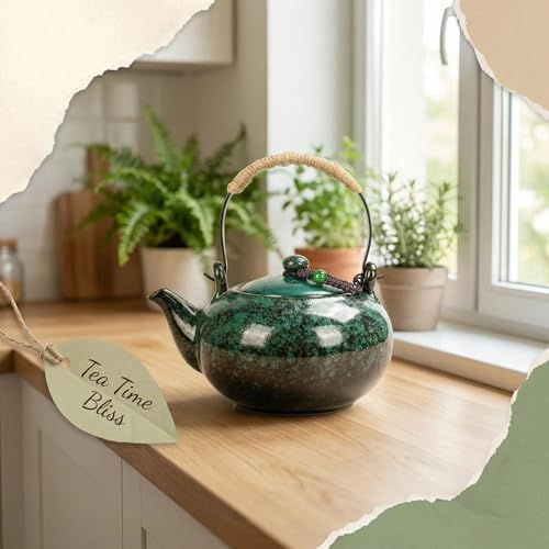 Japanese Teapot with Infuser Ceramic Tea Pot with Removable Stainless Steel Filter for Loose Tea 25 OZ/750ml for Office Home Men Women as Gift Pine Green