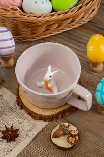 DIHOclub Farmhouse Ceramic Coffee Mug with Rabbit Figurine – Rustic Stoneware Cup, Matte Finish, Ideal for Breakfast & Home Decor (Pink Rabbit)