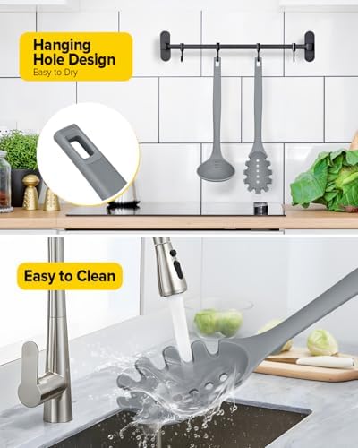 BUNDLEPRO Silicone Soup Ladle and Pasta Spoon Set, One-Piece, 2 Pack, Gray