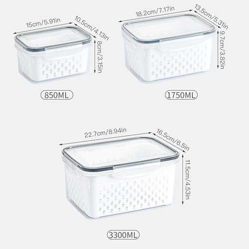 3 Pack Fruit Storage Containers for Fridge with Removable Colander – Airtight Produce Storage Containers with Lids, BPA-Free Berry Keeper for Vegetables, Lettuce & Meal Prep (29oz+59oz+112oz)