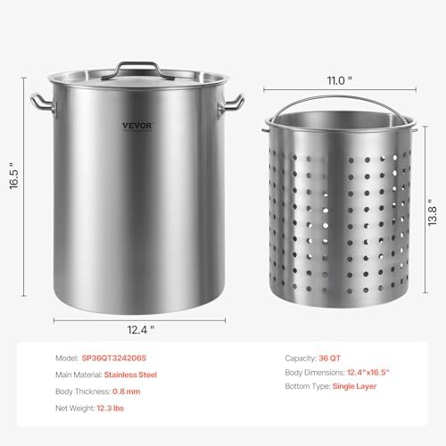 VEVOR Stainless Steel Stockpot, 36 Quart Cooking Pots, Cookware Sauce Pot with Basket, Lid, and Handle, Heavy Duty Commercial Grade Stock Pot, Sanding Treatment, for Steaming Boiling or Frying Silver