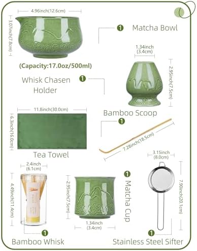 ZENS Premium Matcha Whisk Set with Blooming Cup, 7pcs Matcha Set, Green