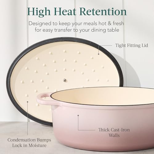 Best Choice Products Oval 7.5 Quart Enamel Cast-Iron Dutch Oven, Heavy-Duty Pre-Seasoned for Baking, Cooking w/Side Handles – Mushroom Beige