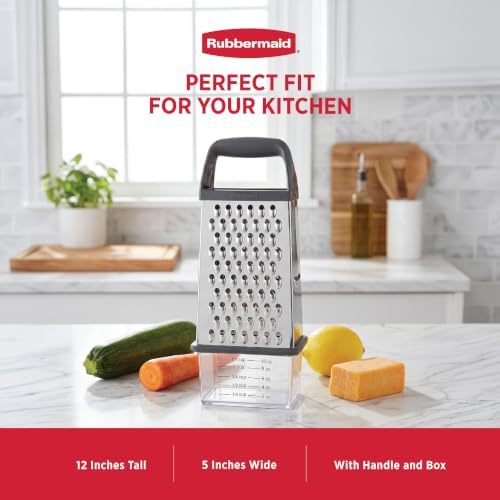 Rubbermaid EZ Grip Box Grater, Stainless Steel Cheese Grater & Container - BPA Free Multi-Surface Cheese Shredder & Food Grater for all Vegetables | Graters for Kitchen -Non-Slip Base, Dishwasher Safe