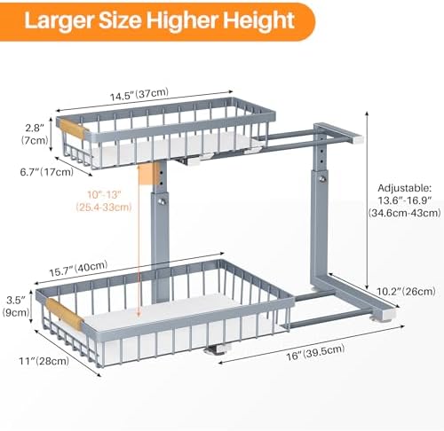 PXRACK Under Sink Organizer, Adjustable Height, 2 Tier Pull Out Under Cabinet Organizer, Slide Out Thickened Metal Under Sink Storage for Kitchen Bathroom Laundry Pantry Cabinet, Grey, Large-2-Pack