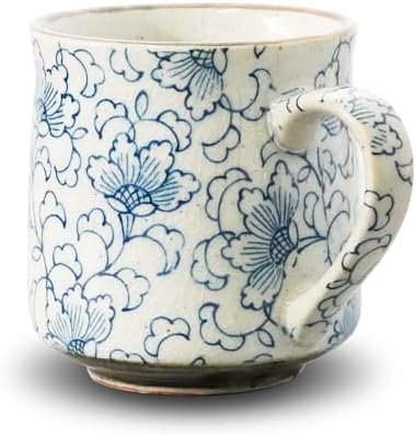 Nostalgic Mino Ware Ceramic Sometsuke Small Mug Cup - Japanese Crafted, Floral Pattern, Comfort Grip Handle, For Coffee and Green Tea or Soup, Matcha Tea, Gift Box Included (Arabesque)