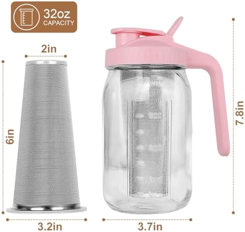 Cold Brew Coffee Maker, 32 oz Mason Jar Pitcher with Stainless Steel Filter, Pour Spout Handle Lid, Heavy Duty Glass Airtight & Leak-Proof for Iced Coffee,Tea & Lemonade