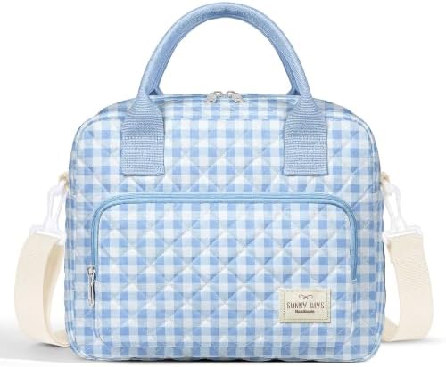 WOBAGMEN Quilted Lunch Box for Women, Insulated Lunch Bag for Adult, Cute Lunch Tote Bags for Work Picnic Travel (Blue Gingham, M)