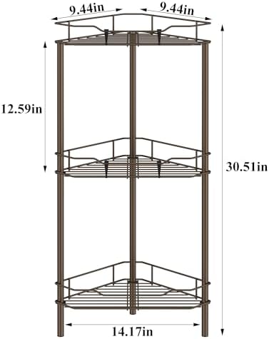 HuggieGems Metal Floor Standing Corner Shower Caddy, Bronze, 3 Tier