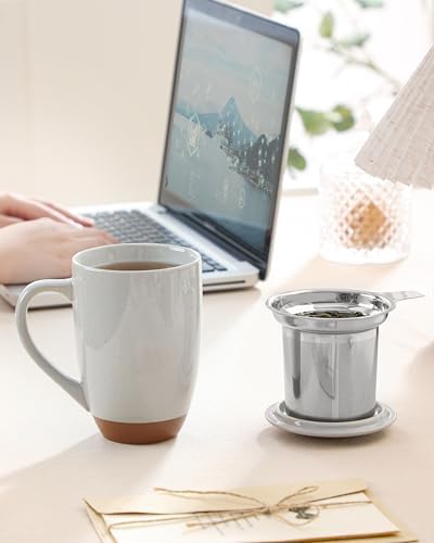 MALACASA Ceramic 18 oz Tea Mug with Lid and Infuser, Khaki Gray