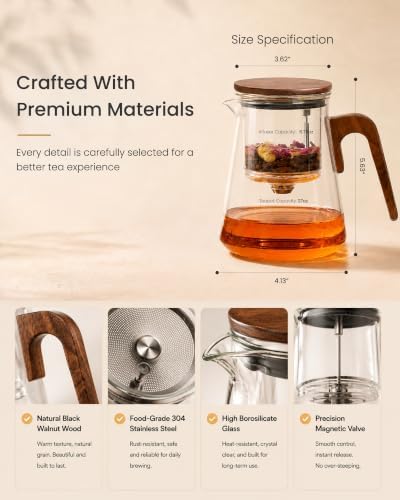ZENS Magnetic Glass Infuser Teapot for Loose Tea, 27oz Walnut Wood Handle
