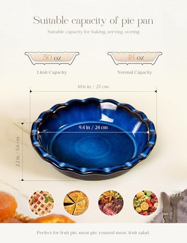 Pie Pan for Baking 9 Inch Ceramic Pie Dish for Apple Pie, Quiche, 48oz Blue