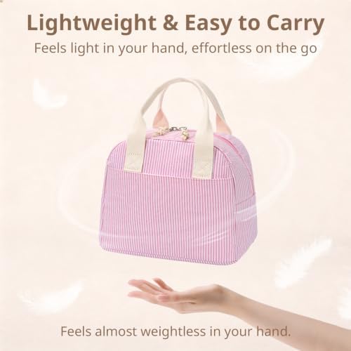 LOVELYWIND Lunch Box for Women, Insulated Lunch Bag, Pink Stripe Tote