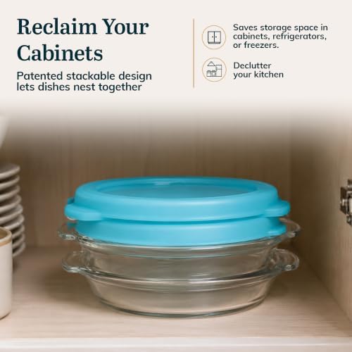 Libbey Baker’s Premium 2 Piece Glass Pie Plate, Stackable, Space Saving Casserole Dish Set with Lids, Glass Baking Dish Set for Fruit Pies, Quiches