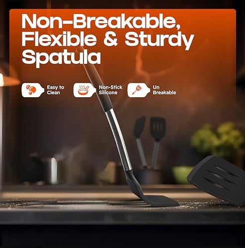 BakeRoyal Silicone Spatula Set - Turner Spatulas Silicone Heat Resistant 600°F - Slotted & Solid Spatula for Cooking Fish, Eggs, Pancakes Flipper – Spatulas for kitchen use – Black