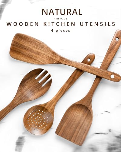 Wooden Spoons for Cooking, 4-Piece Acacia Wood Cooking Utensil Set
