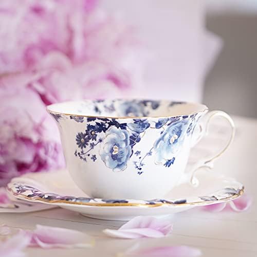Ceramic Tea Cups Coffee Cup and Saucers Set of 4 (Blue and White)