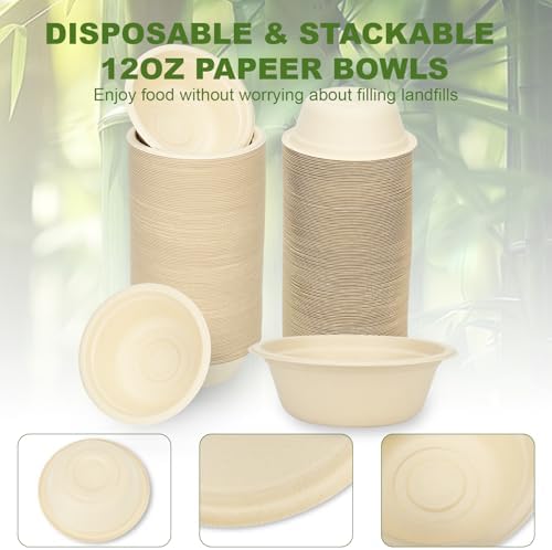 Neyimqr 125 Pack 12 OZ Paper Bowls, Natural Compostable Disposable Soup Bowls, Eco-Friendly Bagasse Serving Plates and Bowls for Hot Food or Cold Use