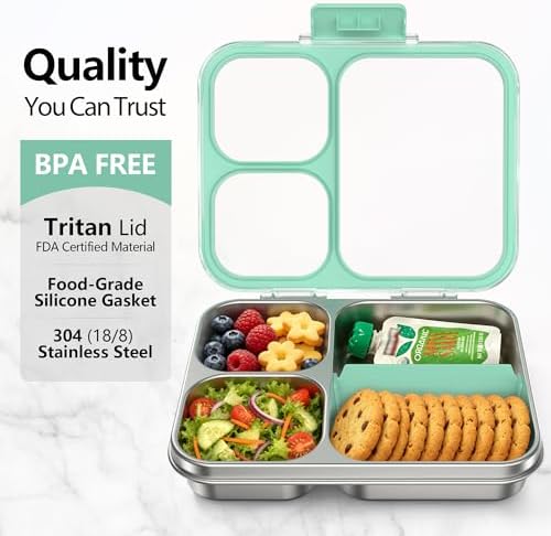 HOMEKOL Stainless Steel Bento Lunch Box 3-Compartment, 4.2Cups, Green