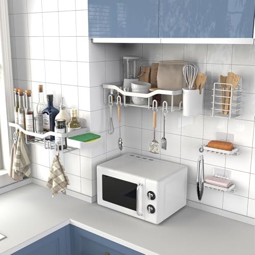 NESOMI Shower Caddy Adhesive Shower Organizer 7-Pack, Rustproof Stainless Steel Bathroom Shelves, Large Capacity No-Drill Rack Storage Accessories with Soap Dish Toothbrush Holder Hooks